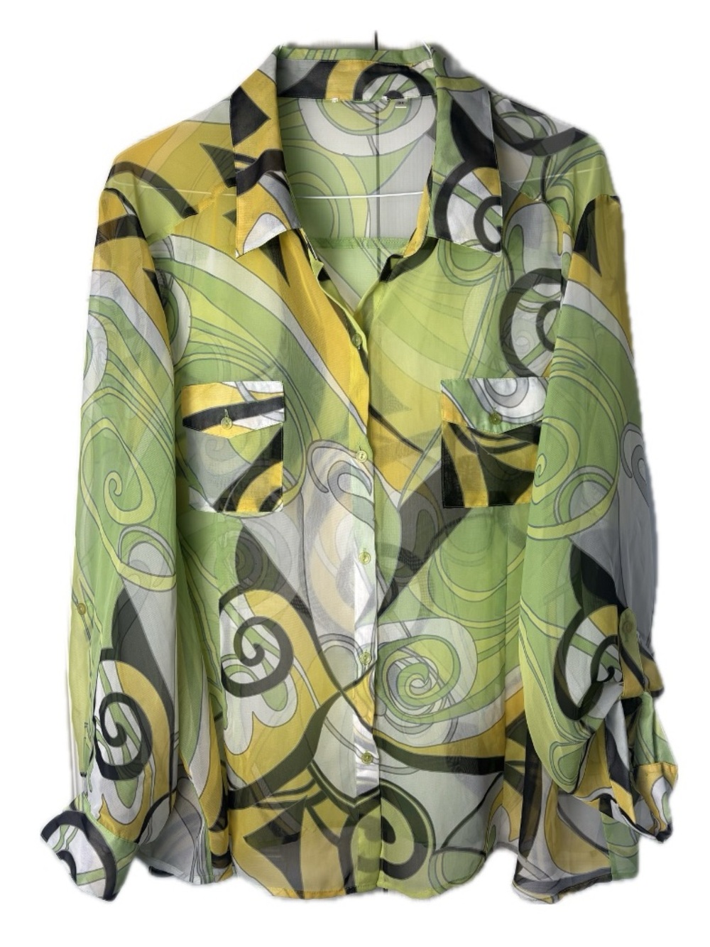 Cato Groovy Psychedelic Swirl Sheer Blouse Green Yellow Plus Size 3X Roll Tab